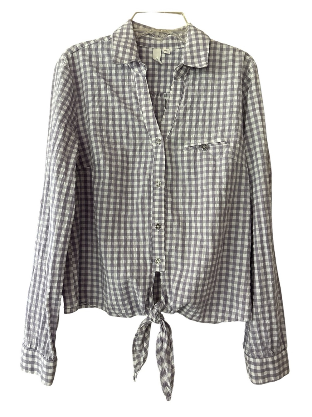 KUT FROM THE CLOTH top, cotton, sz Small, lavender white check, tie hem, cotton